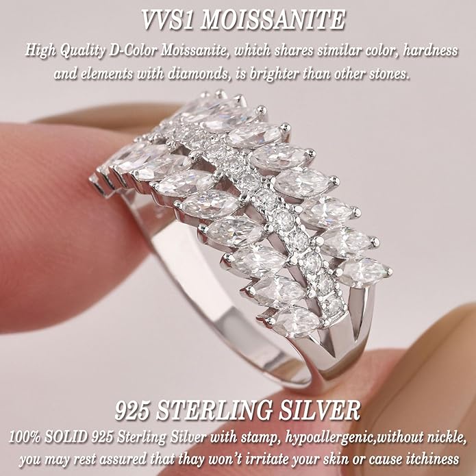D Color VVS1 Moissanite Rings for Women 925 Sterling Silver Wedding Bands Marquise Eternity Rings Stackable Promise Size 5-10