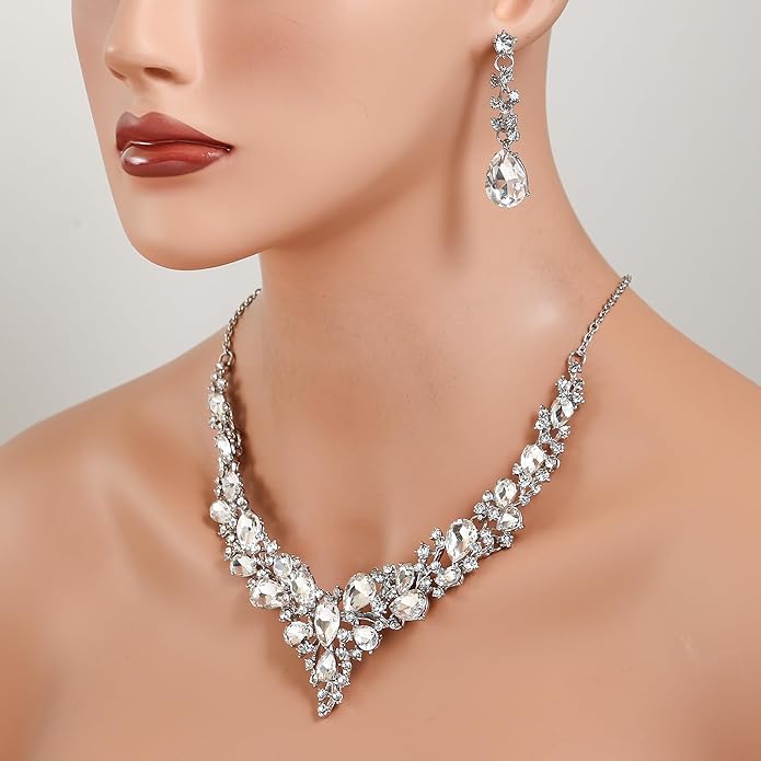 BriLove Women's Wedding Bridal Austrian Crystal Teardrop Cluster Statement Necklace Dangle Earrings Jewelry Set
