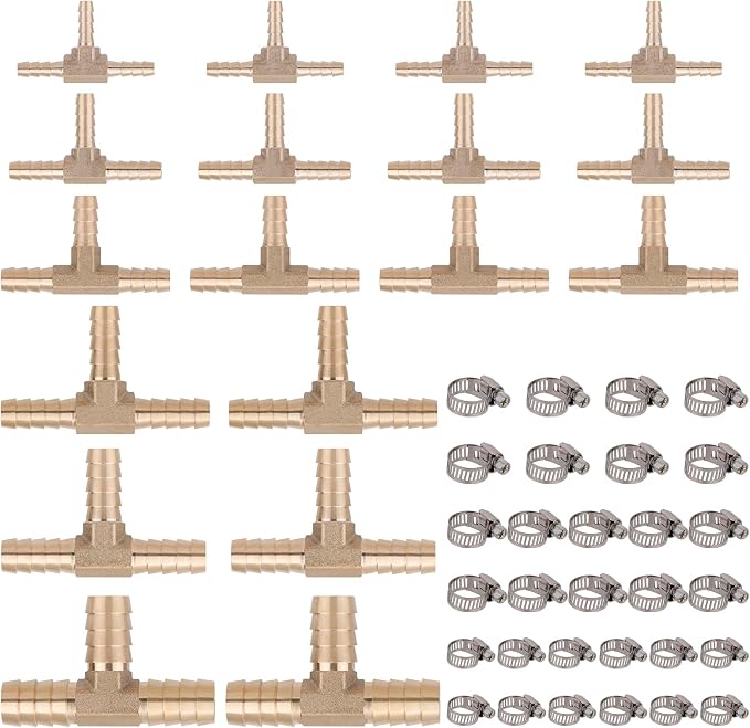 KOOTANS 18PCS Brass Hose Barb Fittings Barb Tee T-Fitting 3 Way Union Kit 1/8″ - Image 2
