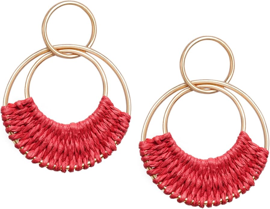 Raffia Hoop Earrings for Women Fun Boho Summer Beach Earrings Lightweight Handmade Straw Wicker Rattan Dangle Earrings Statement Geometric Round Drop Earrings