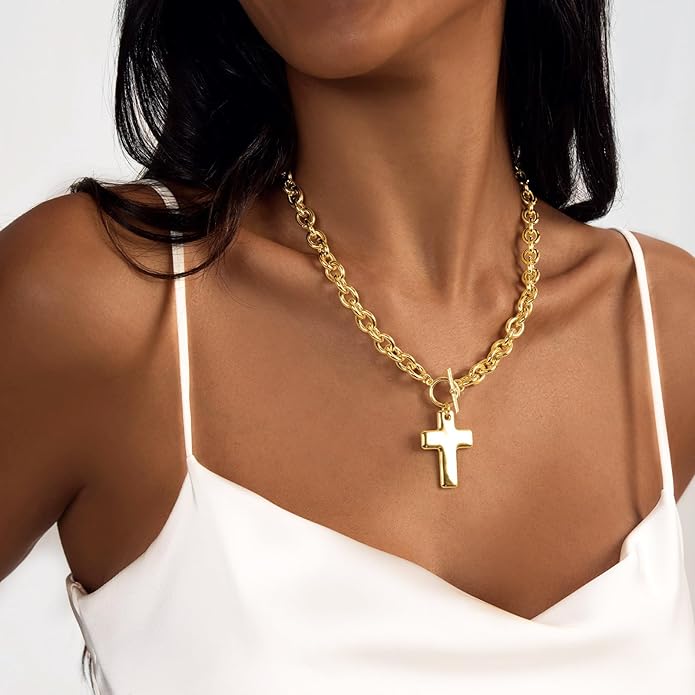 Zeffy 14K Gold/Silver Plated Chunky Thick Chain Toggle Clasp Necklace Dainty Baroque Pearl/Heart/Cross/Turquoise Pendant Necklace