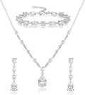 Crysdue Teardrop Bridal Jewelry Set for Wedding Party, Silver/14K/Rose Gold Plated Prom Costume Jewellery for Bride Bridesmaids Women, Cubic Zirconia Necklace Dangle Earrings Bracelet