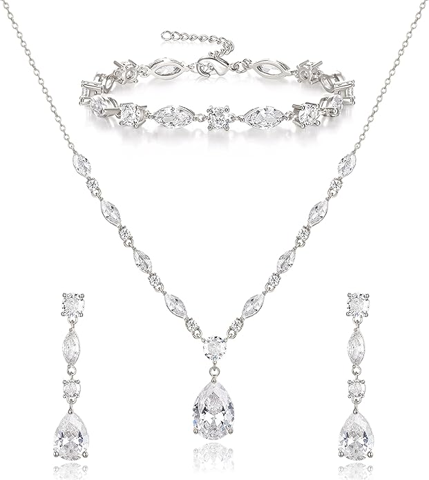 Crysdue Teardrop Bridal Jewelry Set for Wedding Party, Silver/14K/Rose Gold Plated Prom Costume Jewellery for Bride Bridesmaids Women, Cubic Zirconia Necklace Dangle Earrings Bracelet