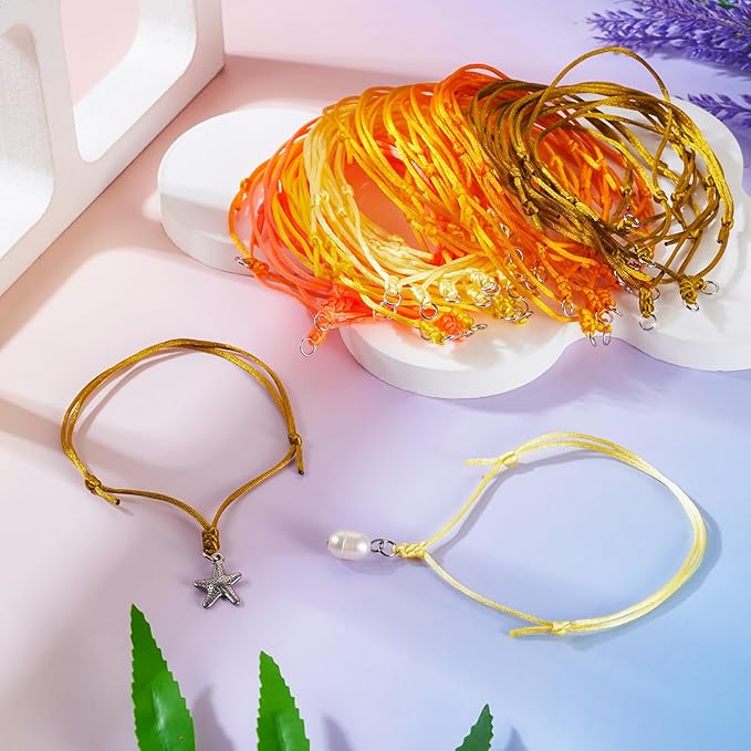 60Pcs Adjustable Braided Cord Colorful Waxed Thread Half Finished Bracelet with Jump Rings Knotting Bracelet Ropes for Wrist DIY Women Jewelry Friendship Bangle Decor 2-3/8 Inch Long-Yellow