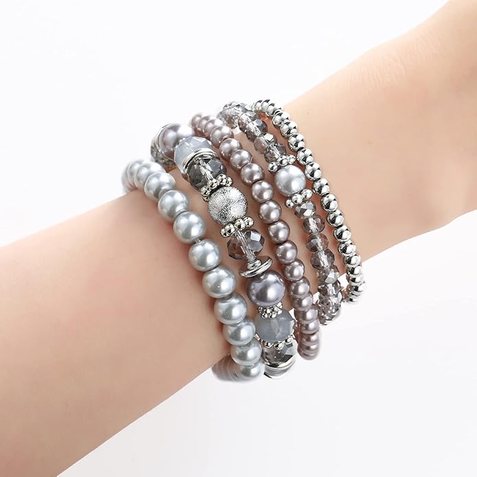 Noessla Beaded Pearl Stretch Bracelet Silver Stackable Crystal Beads Bracelets Trendy Costume Jewelry Mothers Day Gifts for Women