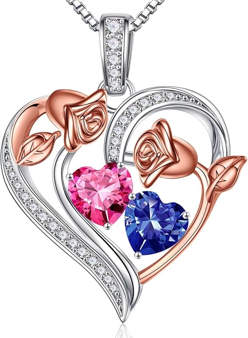 Iefil Valentines Day Gifts for Her - 925 Sterling Silver Rose Heart Necklace, Birthstone Jewelry, Anniversary Birthday Gifts for Wife Girlfriend Mom Daughter