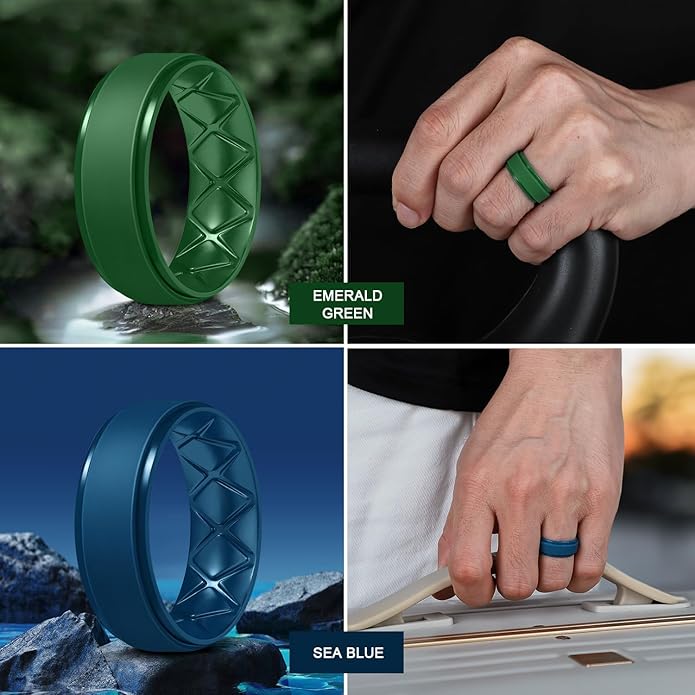 Egnaro Men's Rings 8.5mm Wide-2mm Thick Inner Arc Ergonomic Breathable Rubber Wedding bands-Hypoallergenic for Gym/Outdoor/Gift((1-7 Variety Pack with Half Size)