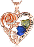 925 Sterling Silver Double Birthstone Rose Flower Heart Jewelry Necklaces for Women Anniversary Love Forever Necklaces for Her Birthday Gifts for Wife Girlfriend Mom Mothers Day Rose Gold
