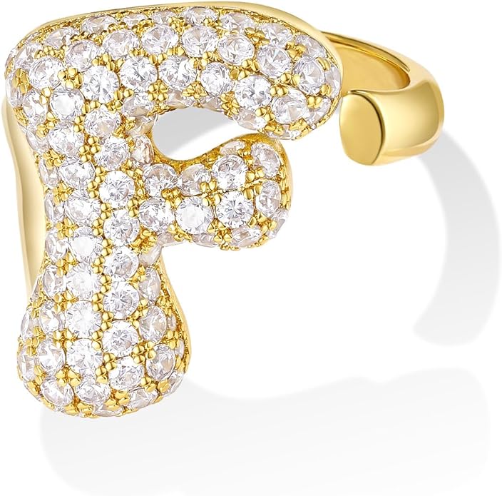 KissYan Bubble Initial Ring Valentines Day Gifts for Women, 14k Gold Plate Balloon Jumbo Letter Rings Open Adjustable Dainty Pave CZ Personalized Fashion Trendy Statement Jewelry