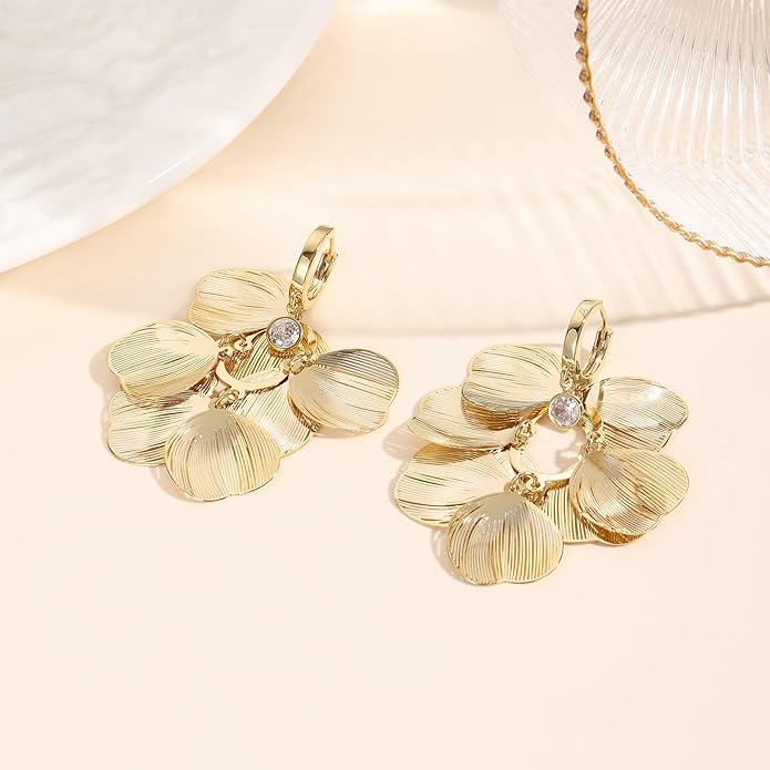 Boho Flower Layered Floral Leaf Drop Dangle Earring For Women,Metal CZ Gold Lightweight Flower Bohemian Gold Petal Exaggerated Jewelry Earrings For Women Brides Party Prom Wedding