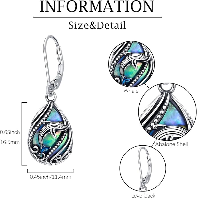 Animal Earrings 925 Sterling Silver Abalone Shell Dangle Drop Earrings Leverback Earrings Cute Animal Jewelry Gifts for Women Girlfriend