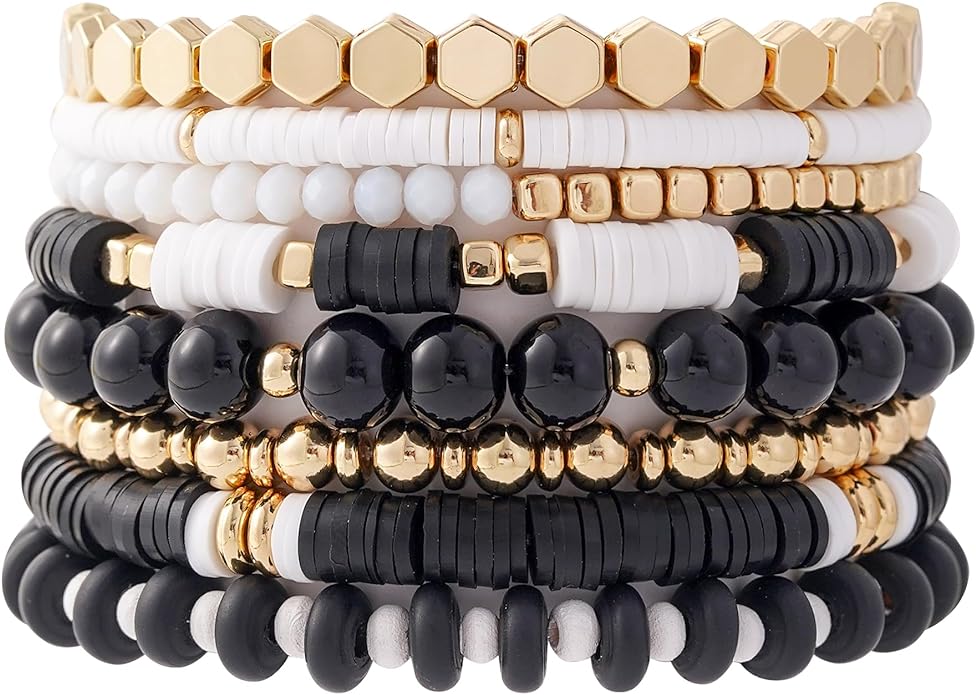GOOJIDS Surfer Heishi Clay Bead Bracelets for Women Bohemian Stackable Gold Plated Beaded Stretch Bracelets Elastic Layering Friendship Bracelets Set Boho Jewelry