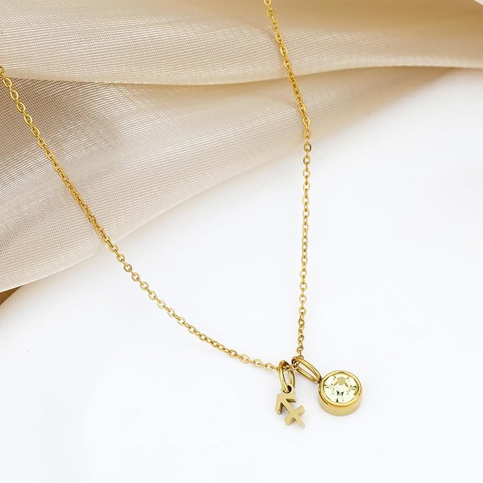 MISS RIGHT Initial Birthstone Necklace for Women - Personalized Gifts Birthday Gifts for Women Stainless Steel 18K Gold Plated Dainty Gold Zodiac Sign 12 Constellation Horoscope Necklace Jewelry