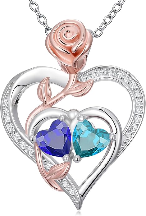Rose Flower Heart Pendant for Women Birthday Gifts 18k Gold Plated Mother Daughter Necklace with 12 Months Birthstone Christmas Valentines Day Gifts for Her Mom Anniversarry Jewelry for Mom Wife Girlfriend