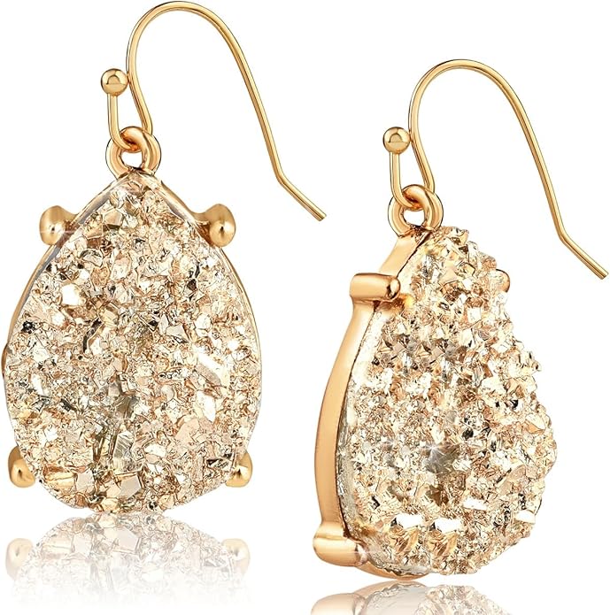 Teardrop Dangle Earrings for Women with Simulated Druzy Stones in Gold or Silver Tone