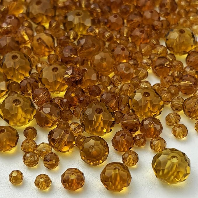 600pcs Crystal Glass Beads 3mm 4mm 6mm 8mm 10mm Rondelle Faceted Crystal Beads Spacer Beads for Necklace Bracelet Earrings DIY Jewelry Crafts Making Supplies(Amber)