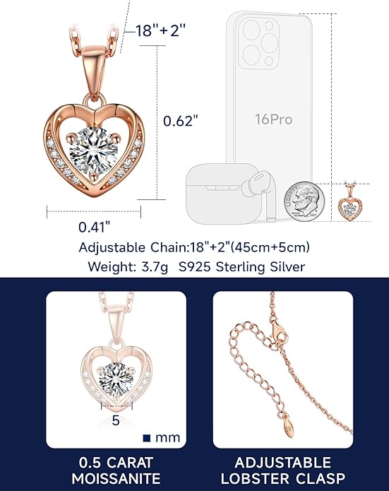 MomentWish Heart Necklace for Women Moissanite, Simulated Diamond, 925 Sterling Silver