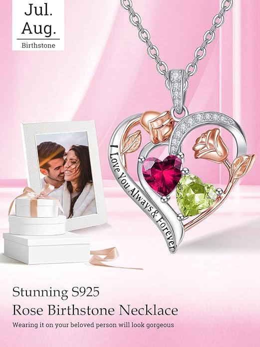 Valentine's Day Gifts for Wife 925 Sterling Silver Double Birthstone Pendant Necklaces I Love You for Always and Forever Necklace Anniversary Birthday Gifts for Wife Girlfriend Mom Her