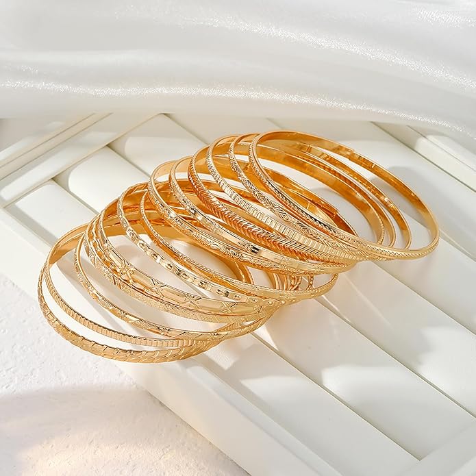 17IF Gold Bangle Bracelet For Women, 14k Multilayer Charm Textured Stackable Bracelets Boho Indian Chunky Cuff Fashion Jewelry Gift