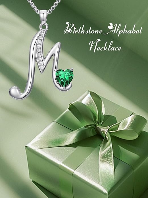 Valentines Day Gifts for Women Alphabet A to Z Initial Birthstone Pendant Necklaces for Women - 18k White Gold Plated Personalized Name Jewelry Valentine Mothers Day Birthday Gifts for Women Her Girlfriend