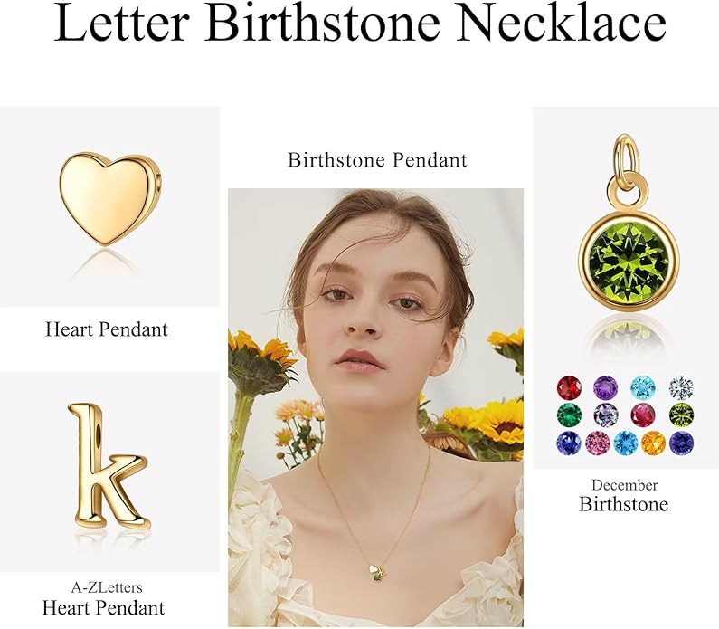 Ursilver Initial Birthstone Necklace for Women - Heart Initial Birthstone Pendant Necklace Personalized Gifts Birthday Gifts for Women