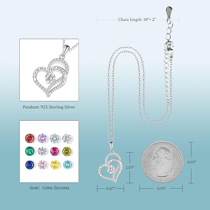 Birthday Gifts Double Heart Birthstone Necklace for Women, S925 Sterling Silver Pendant Necklace Jewelry for Her Mother Mom Wife Girlfriend