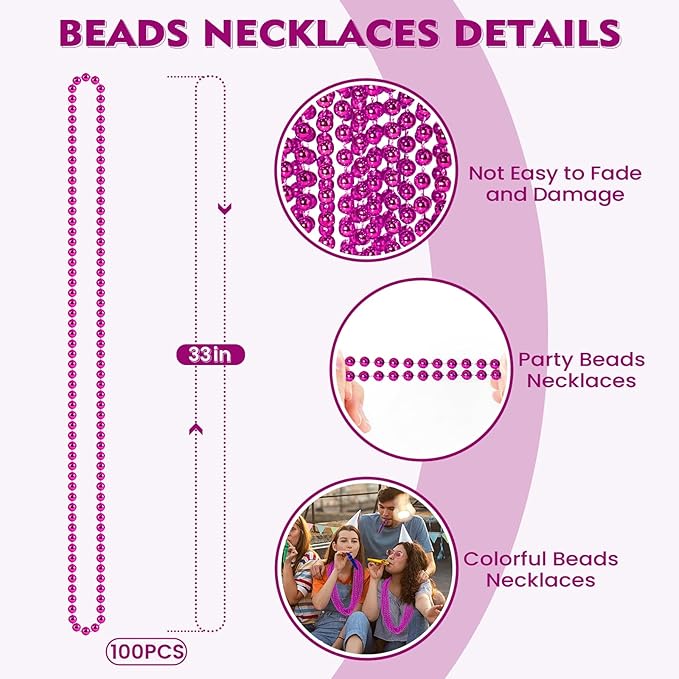 SHAOQINLIN 100 PCS Breast Cancer Awareness Necklaces, Hot Pink Bead Necklace, 33" Breast Cancer Awareness Bead Necklaces Accessories for Parade Throw Supplies