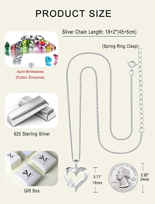 YL Heart Necklace 925 Sterling Silver Love Heart Pendant Birthstone Jewelry for Women