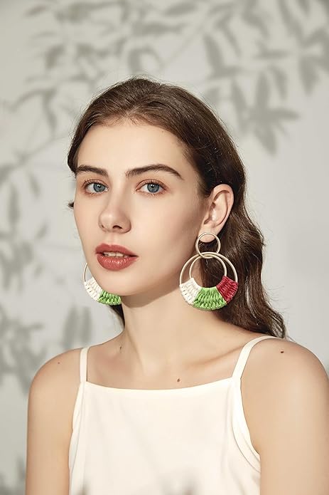 Raffia Hoop Earrings for Women Fun Boho Summer Beach Earrings Lightweight Handmade Straw Wicker Rattan Dangle Earrings Statement Geometric Round Drop Earrings