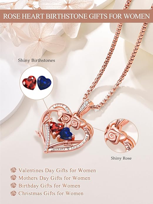 Rose Heart Necklaces for Women, Rose Gold Forever Love Jewelry with 2 Birthstones Pendant,Valentines Anniversarry Birthday Gifts for Her Wife Mom Grandma Daughter, 18+2 Inch Chain