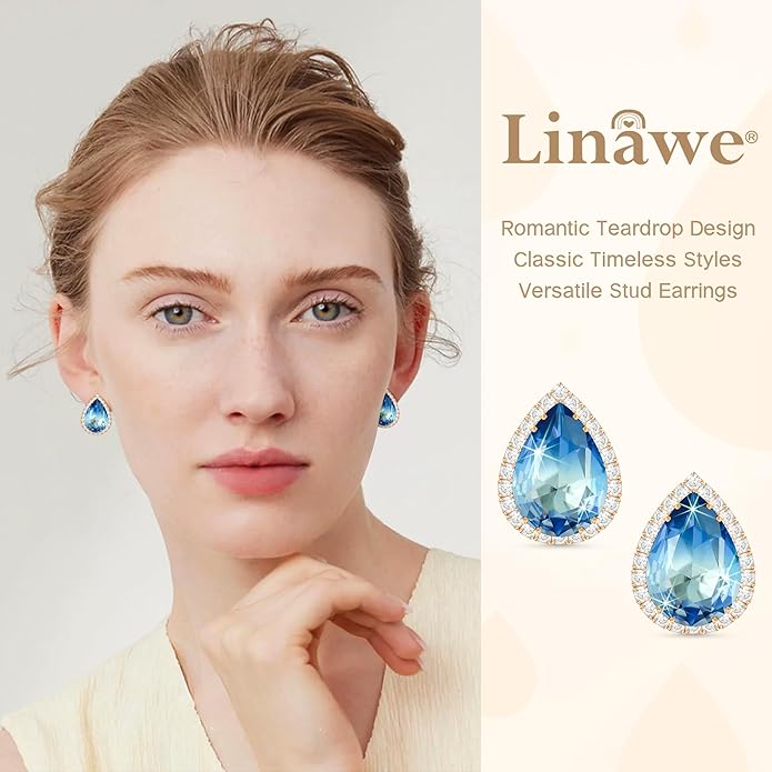 Linawe Women Stud Earrings, Teardrop Diamond Moissanite Cubic Zirconia Earrings Studs Rhinestone Jewelry Gold/Silver/Rose Gold