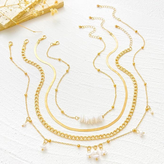 Gold Pearl Layered Necklace for Women,Vintage Stackable Irregular Pearls Choker Necklace Trendy Jewelry,Daily Wear Outfit Accessory Birthday Gift
