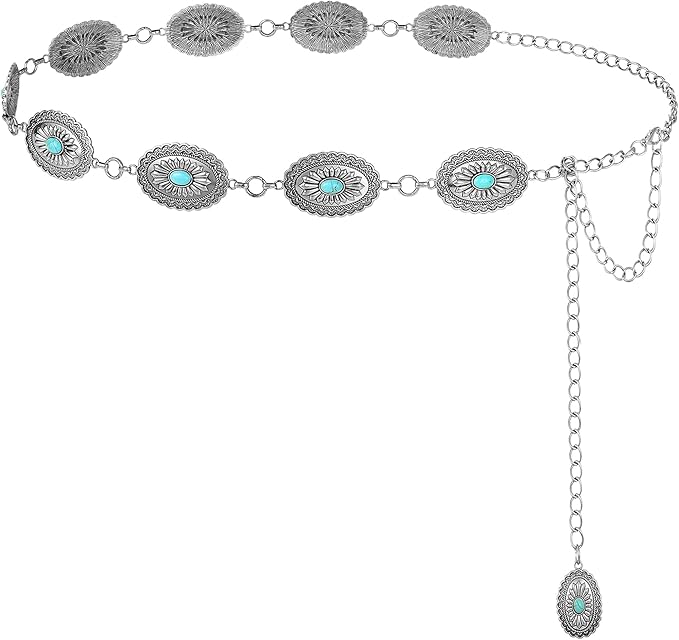 FIORETTO Metal Waist Chain Link Belt for Women Western Cowgirl Boho Turquoise Belts for Dress Jeans Country Concert Outfit