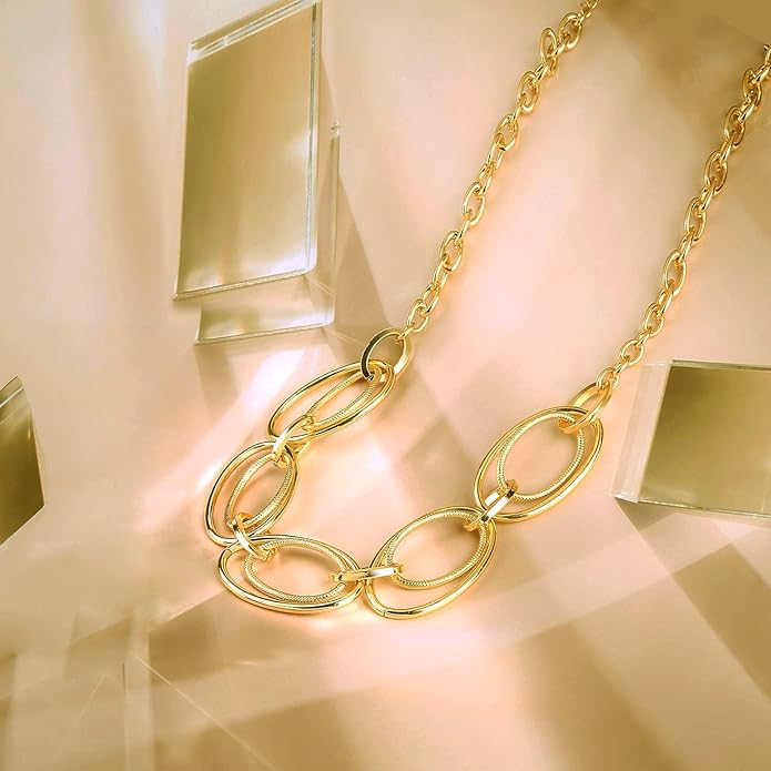 Chunky Gold Necklace for Women: 14k Gold Plated Loop Chain Link Statement Choker Necklace for Women - Chunky Fashion Pendant Jewelry