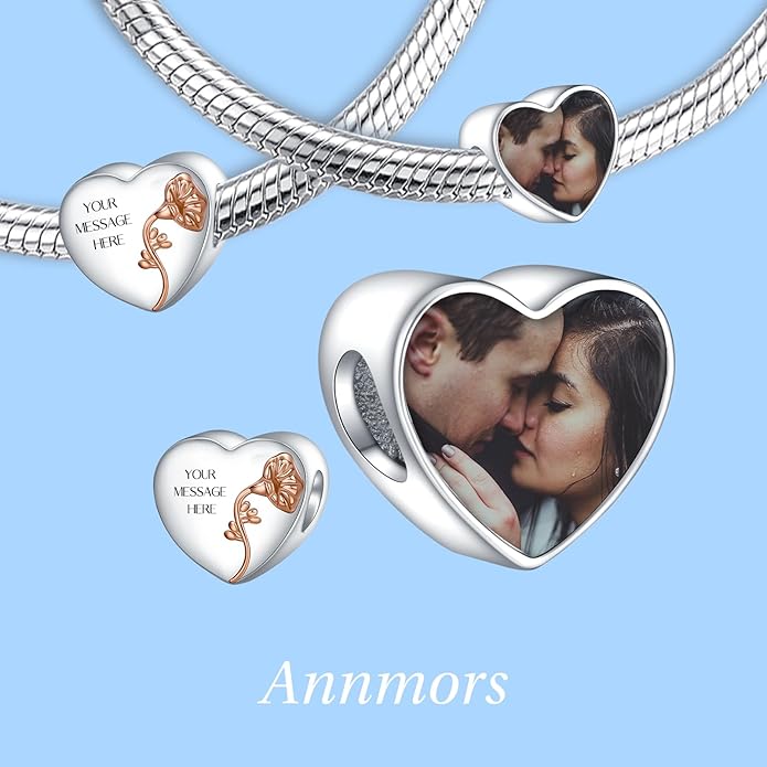 Annmors Personalized Photo Charm for Bracelet Necklaces,925 Sterling Silver Charm Love Heart Shaped Engraved Customize Picture Gift for Birthday Mother's Day Christmas,Bead Charms Jewelry for Women