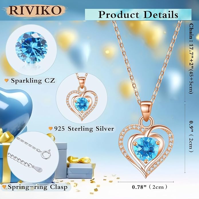 RIVIKO Heart Birthstone Pendant Necklace for Women 925 Sterling Silver Zirconia Necklaces Valentine's Day Anniversary Birthday Mothers Day Jewelry Gifts For Her Mother Wife