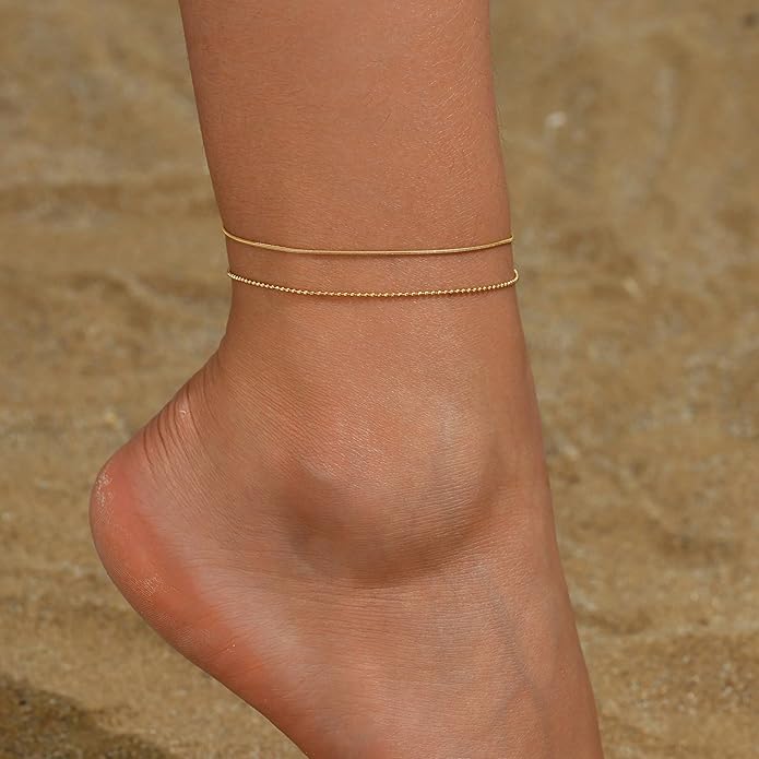 Anklets for Women Dainty CZ Ankle Bracelet 18K Gold Plated Waterproof Boho Dot Star Moon Daisy Ocean Beaded Anklet Trendy Foot Jewelry
