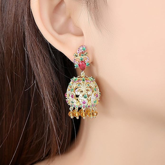 14K Gold Crystal Chandelier Earrings for Women,Vintage Court Style Yellow Crystal Tassel Long Drop Earrings,Fashion Earrings Jewelry Gift for Her