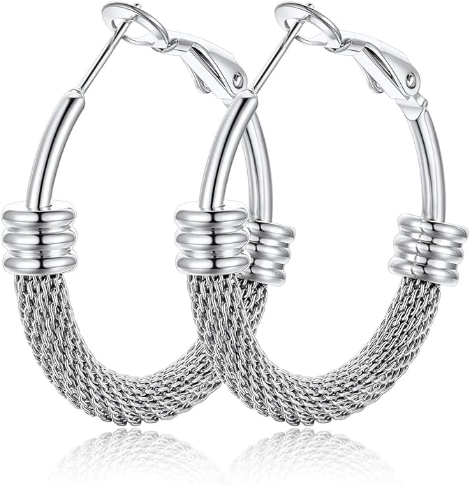 KeyStyle Mesh Hoop Earrings for Women, Stainless Steel Gold Hoops Earring Lightweight Loops, 2MM Thick Hypoallergenic Circle Endless Hollow Hoop 20mm-80mm