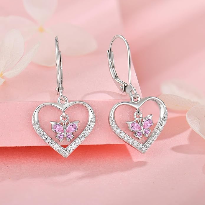 Butterfly Birthstone Heart Dangle Drop Earrings, 925 Strlings Silver 5A Cubic Zircon Leverback Earrings Jewelry Anniversary Birthday Gifts for Women