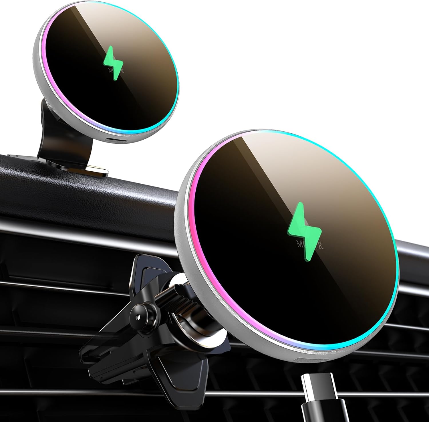 MOKPR for Magsafe Car Mount Charger-15W Wireless Car Charger-Magnetic Car Phone Holder for Dash Air Vent-LED RGB HandsFree Car Mount Fast Car Charger for iPhone 15/14/13/12 Series Silver