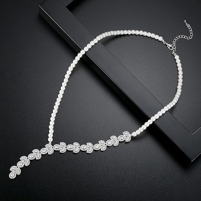 14K Gold & Freshwater Pearl Jewelry Set, Natural Crystal Necklace & Pearl Dangle Earrings, Luxury Bridal/Wedding Fashion Accessory