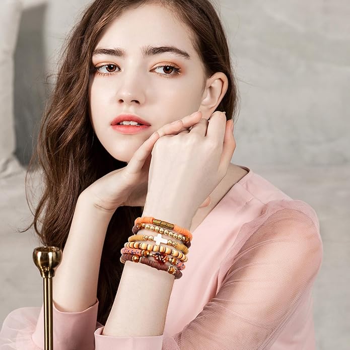 GOOJIDS Surfer Heishi Clay Bead Bracelets for Women Bohemian Stackable Gold Plated Beaded Stretch Bracelets Elastic Layering Friendship Bracelets Set Boho Jewelry