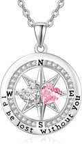 Compass Necklace for Women, Exquisite S925 Valentines Day Anniversary Birthday Gifts for Wife Her Double Birthstone Pendant Jewelry ‘I'd be Lost Without You’
