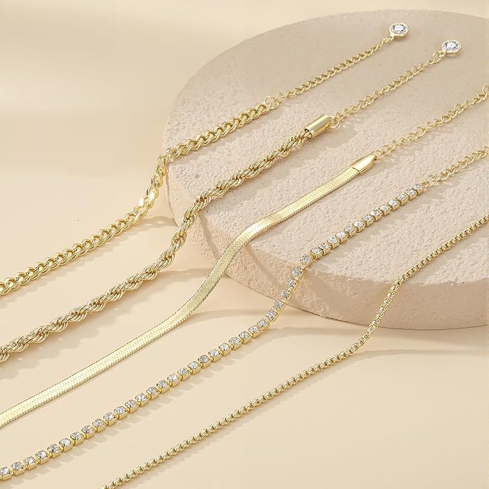Emibele Gold Bracelets for Women, Dainty Adjustable 14K Gold Plated Bracelet Stack, Elegant Beaded Link Chain Bracelet Sets, Jewelry Gifts for Women