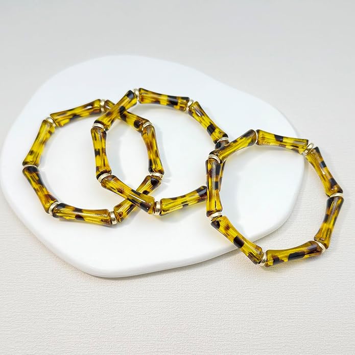 Tortoise Shell Bamboo Bangle Bracelet for Women – 3-Layer Acrylic Stretch Cuff with Faux Tortoiseshell Pattern – Retro Stackable Jewelry