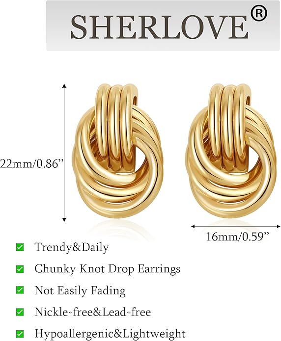 Trendy Gold Plated Knot Earrings for Women Chunky Statement Drop Dangle Earrings Lightweight Hypoallergenic Fashion Accessories Gold Jewelry Gifts for Womens