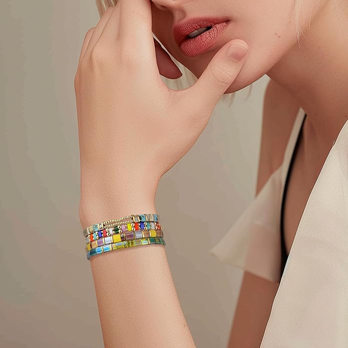 Sonateomber Tila Flat Beaded Stretch Bracelets for Women, Trendy Unique Colorful Square Beads Handmade Stack Bracelet Friendship Accessories Fashion Jewelry Gift