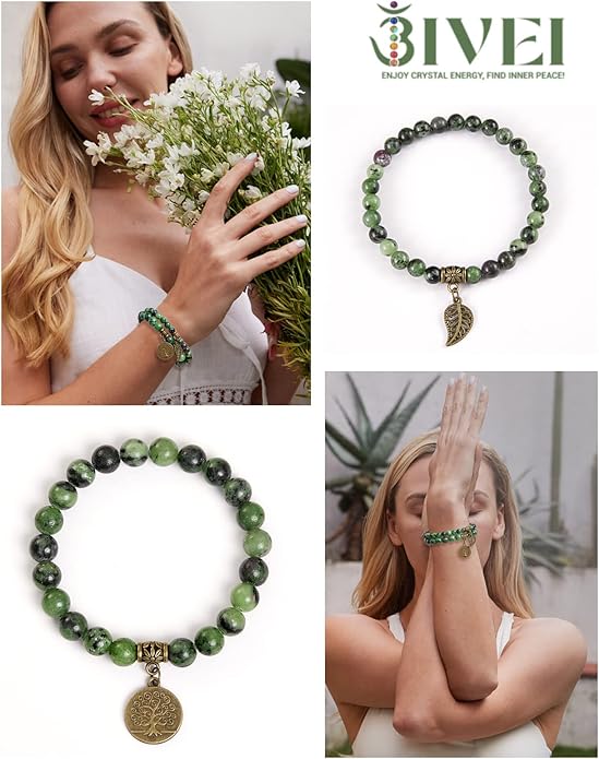 Bivei Natural Semi Precious Gemstone beads bracelet for women - Life Tree and Leaf Charm Energy Reiki Crystal Stretch Bracelets