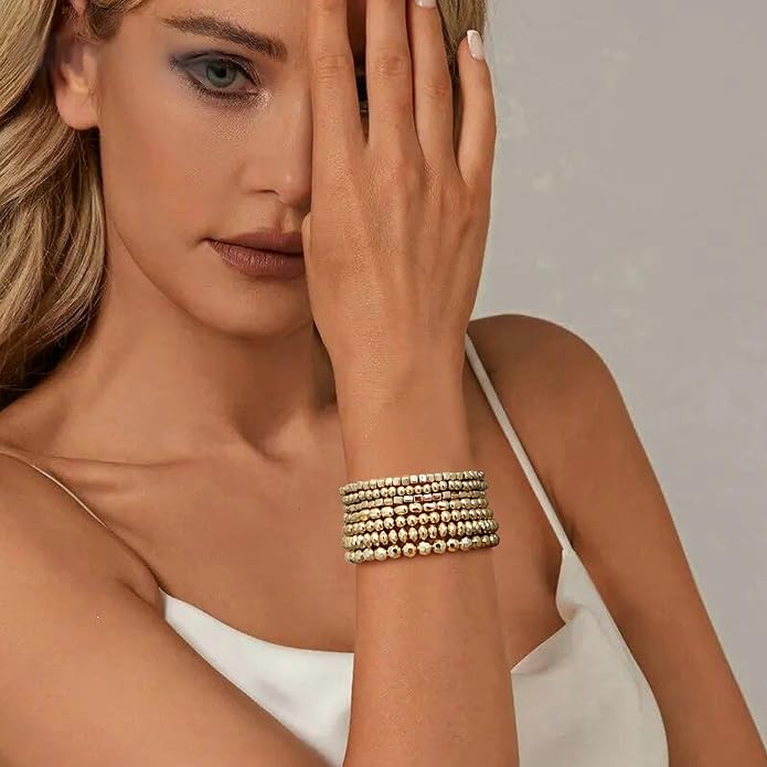 Gold Plated Beaded Bracelets for Women Trendy, 14K Gold Plated Stack Cross Pearl Gold Plated Bead Stretch Bracelets Set Elastic Hypoallergenic Bracelets Jewelry Gifts
